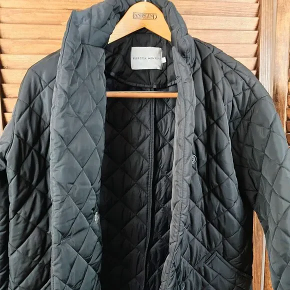 Rebecca Minkoff Quilted Twill Long Coat Black Womens Size S - Picture 2 of 15